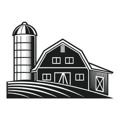 Farm Landscape Silhouette with Barn and Tall Silo