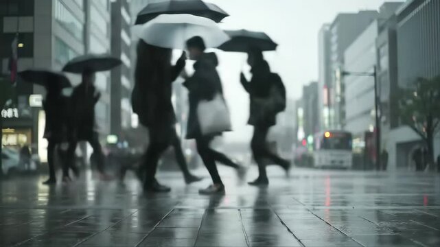 Static shot video of people with umbrellas walking fast in the rain on a city street. Represents rain, urban life, and hurry.


