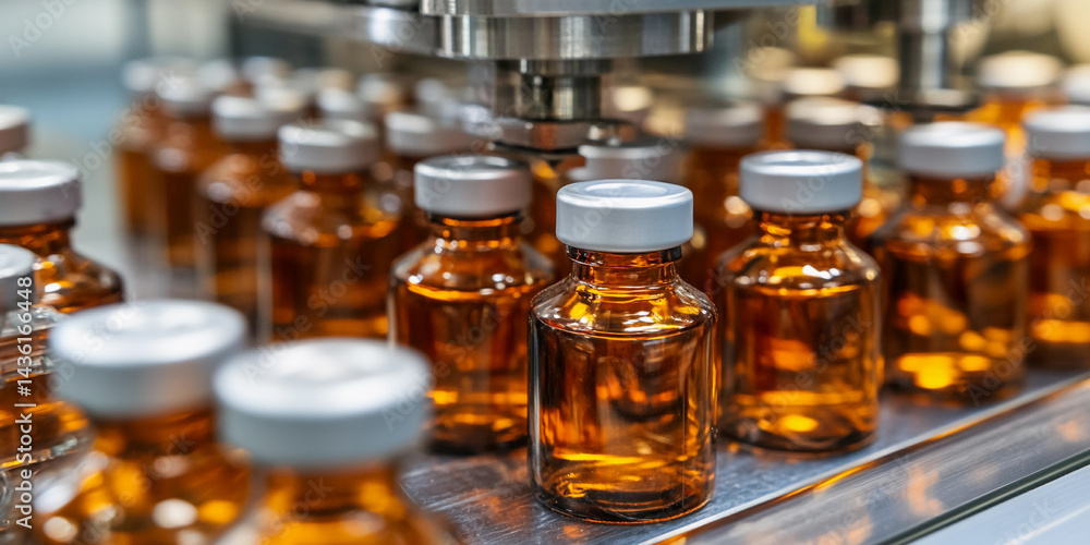 Poster Close-up of multiple medical vials being processed in a lab Generative AI