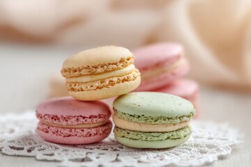 Obraz premium Colorful macarons stacked elegantly on a delicate lace doily showcasing their unique textures and flavors, perfect for dessert lovers and sweet treat enthusiasts, dessert concept