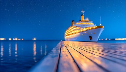 Majestic cruise ship at night, docked at a pier, illuminated, with a starry sky and calm sea