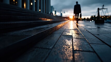 Man Walking Toward Building with Scale Statue on Wet Stone Path