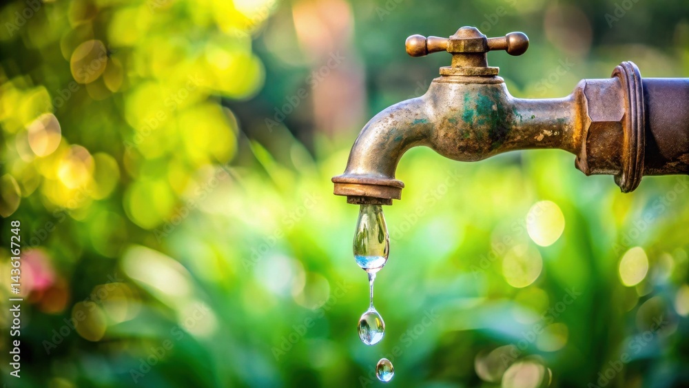Poster a single drop of water falls from an aged brass faucet against a vibrant green bokeh background, sym