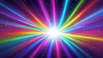 Colorful burst of radiant rainbow light beams against a dark starry background creating a cosmic explosion effect.