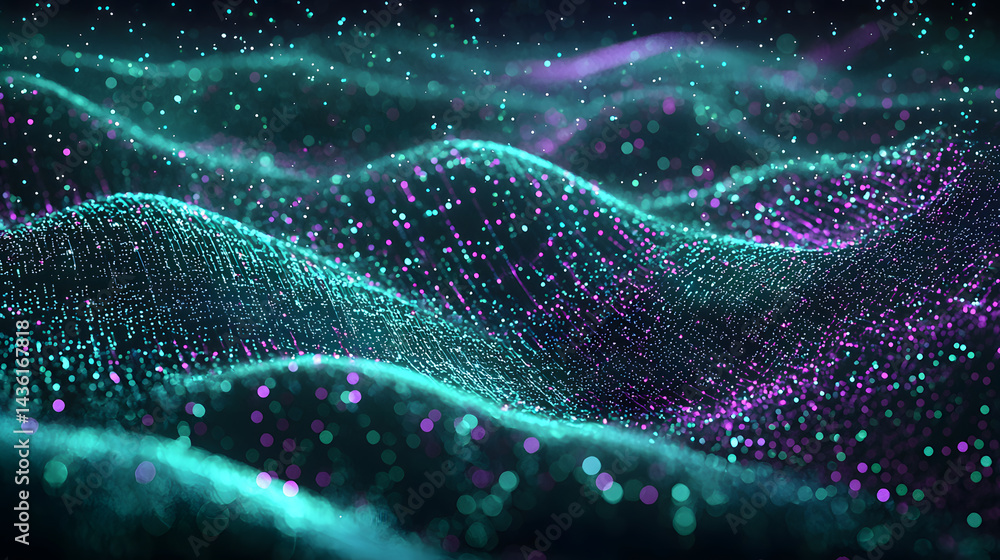 Poster digital particles flowing across abstract waves virtual space wallpaper design futuristic environmen