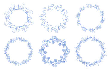 Mediterranean blue branches circle frame set. Hand drawn round line border, leaves and flowers, wedding invitation and cards, logo design and posters template. Elegant minimal style floral set. Vector
