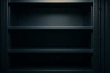 An empty metal server rack with shelves and side supports, under soft lighting, representing IT infrastructure, data centers, and network equipment organization.