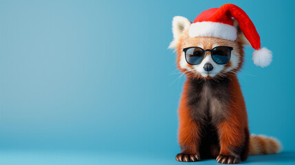 Cool santa claus baby red panda with sunglasses and claus hat, isolated on blue background
