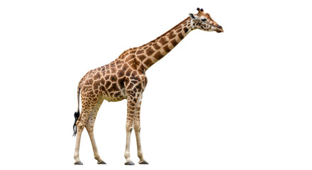 Naklejka premium Giraffe in profile with a dark background shows an elegant and towering pose