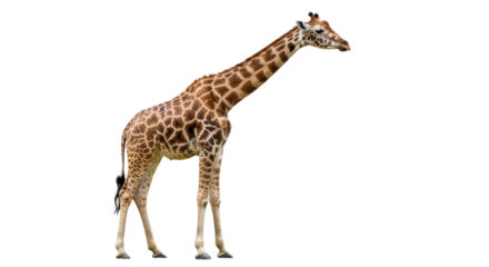 Giraffe in profile with a dark background shows an elegant and towering pose