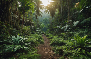 Obraz premium A before-and-after split image lush jungle vs. barren land, hyper-realistic transition effect