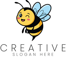 Adorable Cartoon Bee Winking Happy Design Mascot Illustration fun cute logo blue icon black wings   