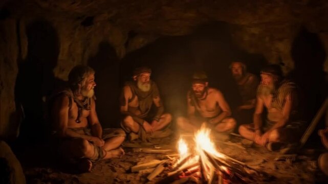 Ancient Humans Gather Around a Campfire in a Prehistoric Cave Setting, Smooth looping for background video animation
