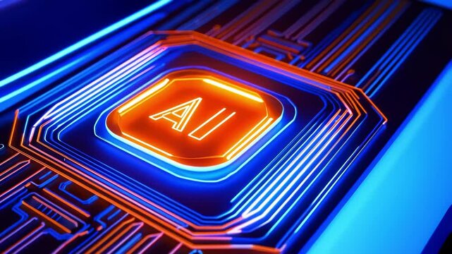 The logo of orange artificial intelligence shines on a microchip with blue neon lights flowing through the schemes symbolizing the strength and potential of AI. The development of artistic intellect.