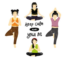 Cute Set collections of woman female girl doing tree lotus pose yoga doodle crayon watercolour hand drawn illustration in bright pastel colorful colors clipart sticker wellness meditation quotes