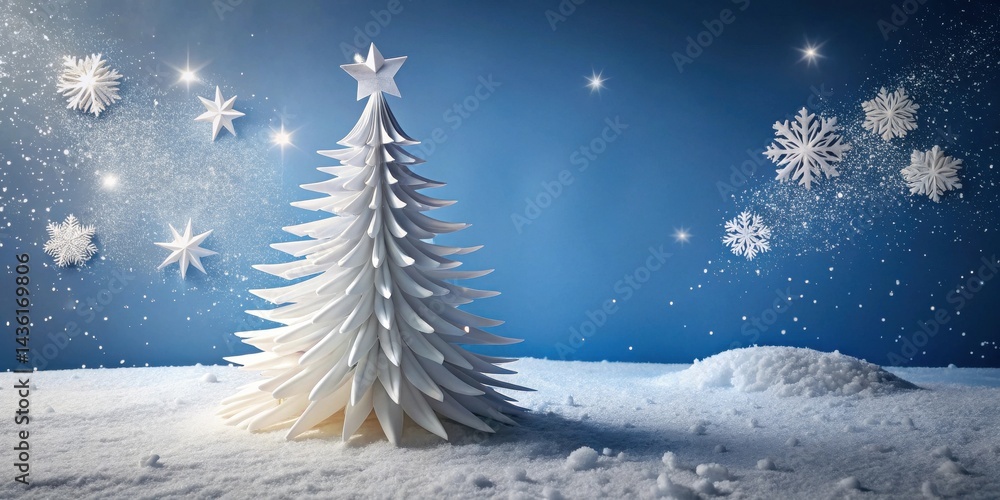 Poster a pristine white paper christmas tree stands in a snowy landscape under a twilight sky, adorned with