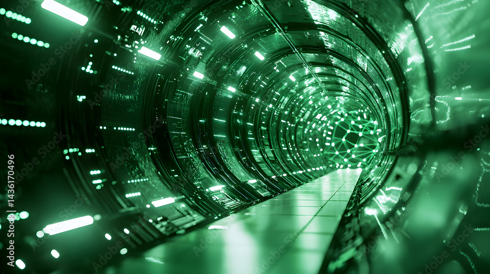 Poster dynamic green neural network wallpaper futuristic tunnel digital art virtual environment perspective