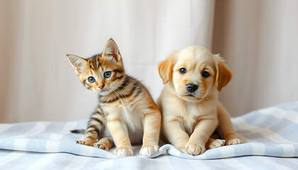Adorable Kitten and Puppy Duo on a Blue Checkered Blanket