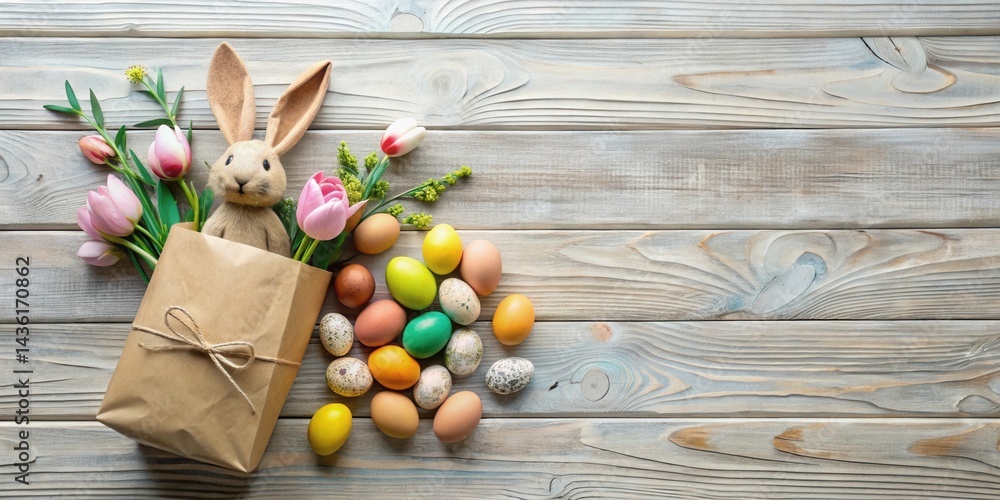 Poster a festive bunny nestled in a paper bag with spring tulips and colorful eggs on a rustic wooden surfa