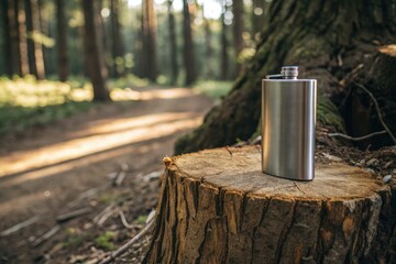 Stainless Steel Flask Rests on Tree Stump in Forest Setting Generative AI