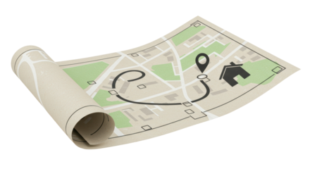 Isolated Rolled City Map with Route Planning Navigation