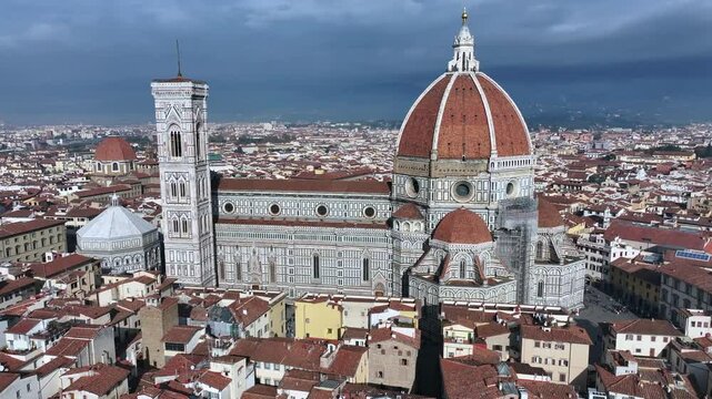 Aerial view of the Florence town center and the Cathedral of Santa Maria del Fiore, the Duomo of Florence
