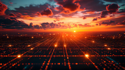 Obraz premium Augmented reality wallpaper landscape at sunset visualizing future tech artistic viewpoint over digital horizon