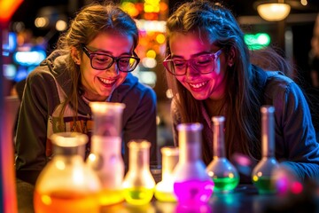 Two young women wearing glasses looking at a table filled with beakers of liquid