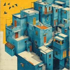 Vibrant Blue Urban Architecture with Birds in Clear Sky Background