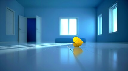 Solitude in Blue: A Single Yellow Leaf on a Reflective Floor Creates Emptiness