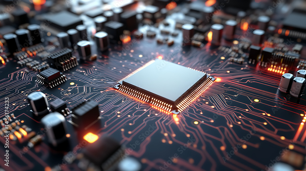 Aufkleber a close up view of microchip on circuit board, showcasing intricate details and glowing connections