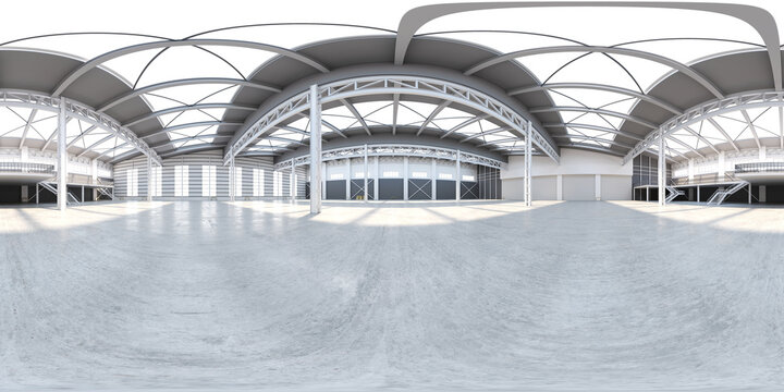 Full spherical hdri panorama 360 degrees of empty exhibition space. backdrop for exhibitions and events. Tile floor. Marketing mock up. 3D render illustration	