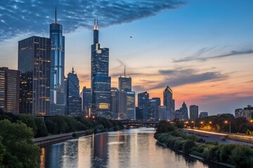 Obraz premium Urban Skyline at Sunset With River Reflecting City Lights Generative AI