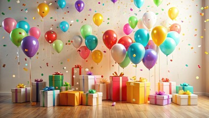 A Festive Celebration Featuring Numerous Colorful Balloons and Wrapped Presents on a Wooden Floor
