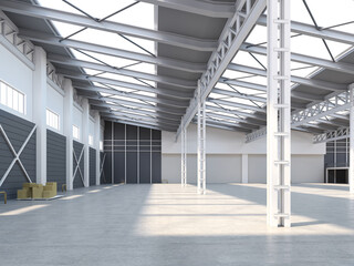Factory or warehouse or industrial building. Modern interior design .empty space for industry background. 3d render.	