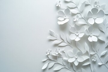 Elegant, delicate white paper flowers and leaves arranged in a corner design.