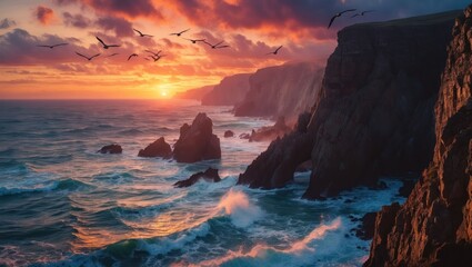 Ocean Cliffside Landscape with Birds Flying at Colorful Dramatic Sunset