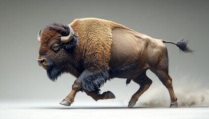 A powerful brown bison with dark, shaggy mane and long horns runs across a light gray background, kicking up dust as it charges.