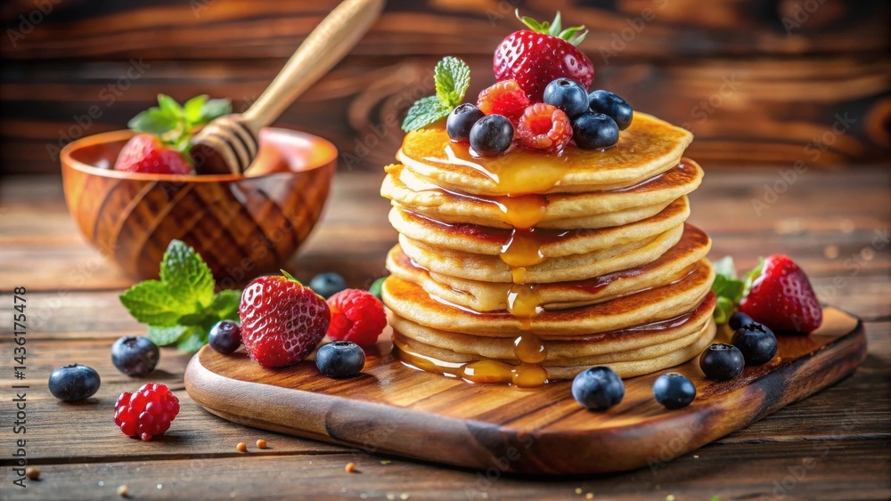 Poster a stack of golden-brown pancakes, drizzled with honey and topped with fresh berries and mint, sits o