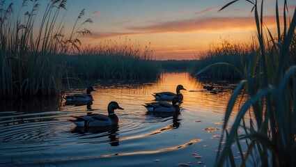 Ducks Swimming on Calm River During Golden Hour with Tall Grass