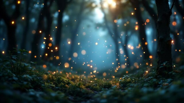 Magical forest firefly glowing night nature dreamy light enchanting peaceful woodland fantasy, mysterious blue green summer