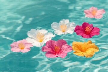 Colorful hibiscus flowers floating gracefully on clear turquoise water surface creating a serene and tranquil atmosphere in a tropical setting healthy lifestyle concept