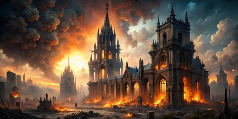 Naklejka premium A once-majestic cathedral stands in ruins, engulfed in flames against a dramatic sunset. Thick smoke billows from the burning structure while shadows of figures roam the devastated area