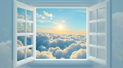 Open window reveals a breathtaking sunrise over a sea of fluffy clouds.