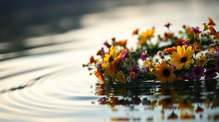 Colorful flower crown floating on water  