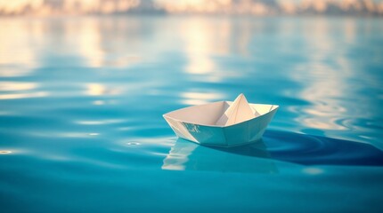 Paper boat floating on calm blue water