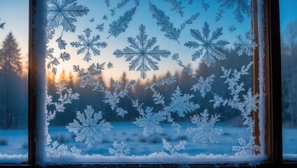 Snowflake Window Ice Crystals with Winter Landscape and Sunrise Glow