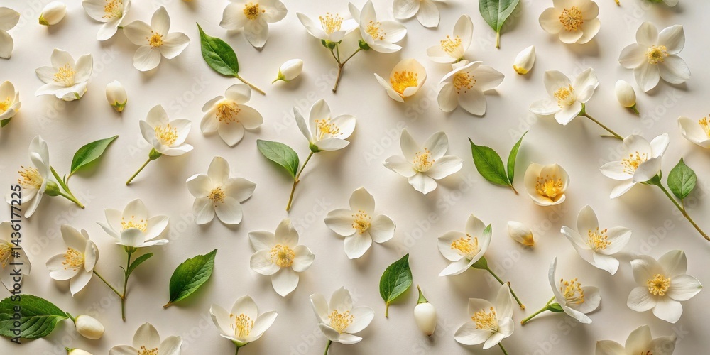 Poster Delicate Jasmine Blossoms Arranged in a Symmetrical Pattern on a Soft White Background