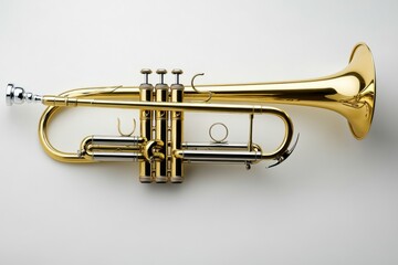 Obraz premium Brass trumpet instrument with shiny golden finish on white background