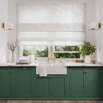 Roman blinds on the kitchen window mockup. 3D rendering